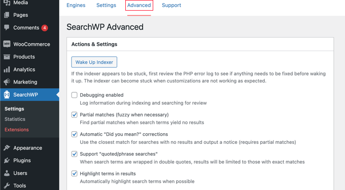 Configurações avançadas do SearchWP SearchWP Advanced Settings