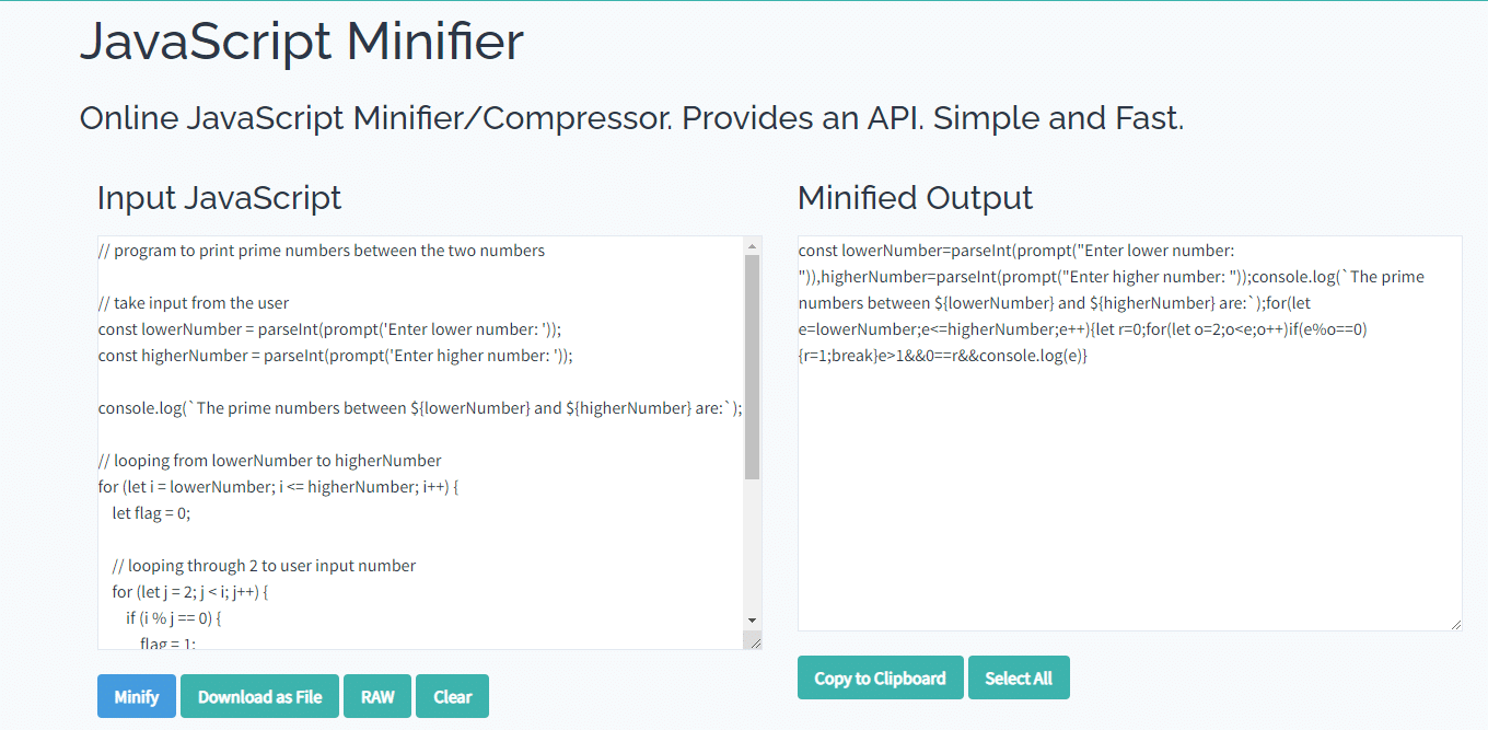 Toptal JavaScript Minifier mientras se minimiza el código JavaScript