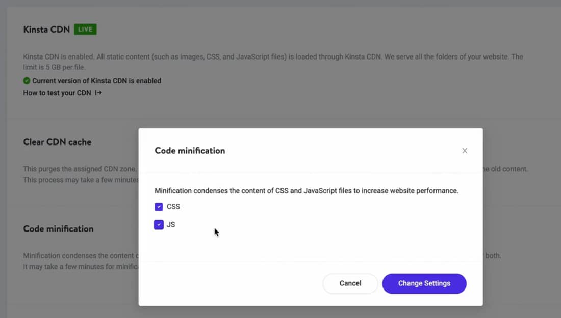 Una captura de pantalla de la función de minificación de código en el panel de control de MyKinsta.