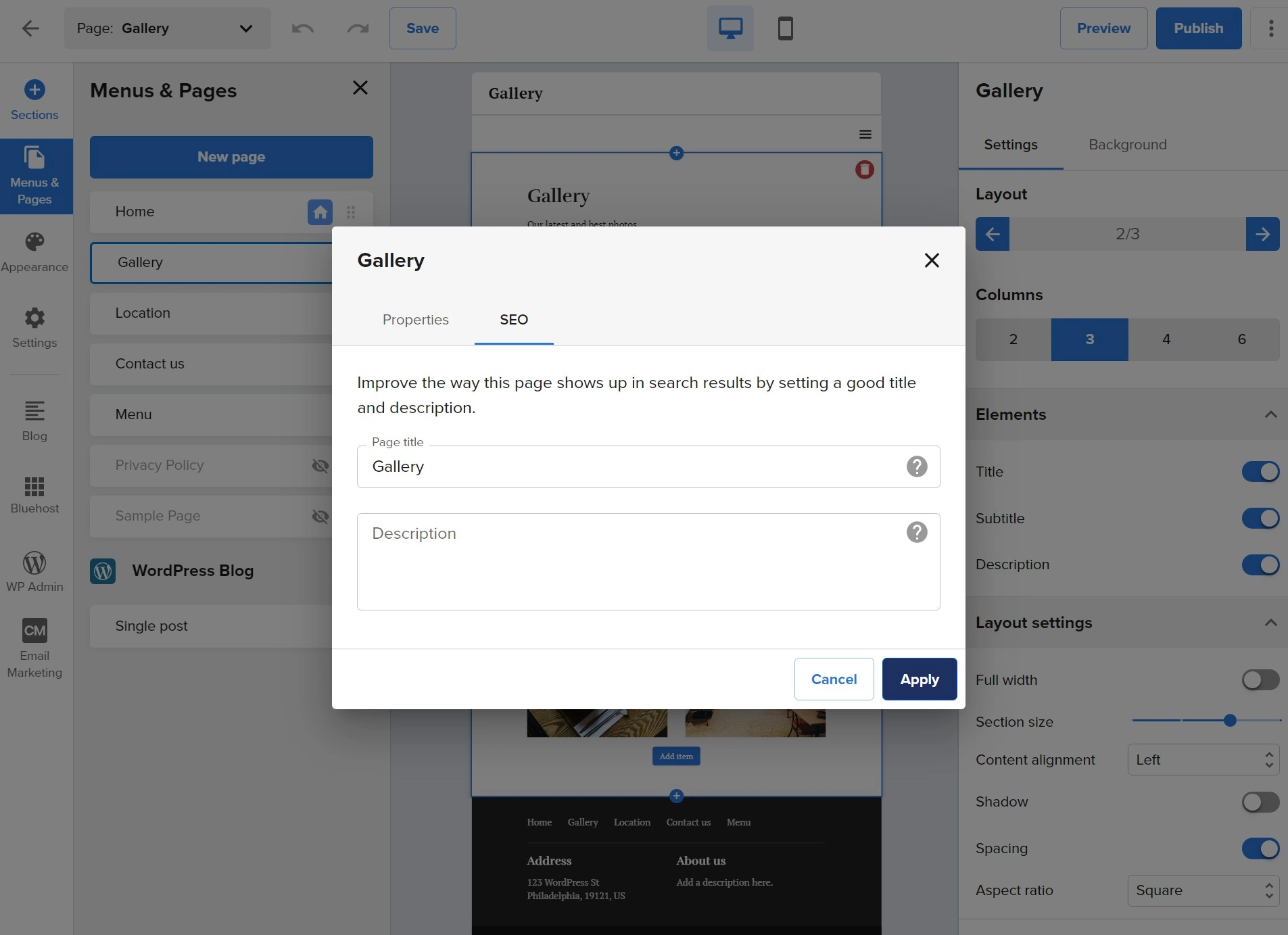 Ulasan Bluehost Website Builder tentang opsi SEO