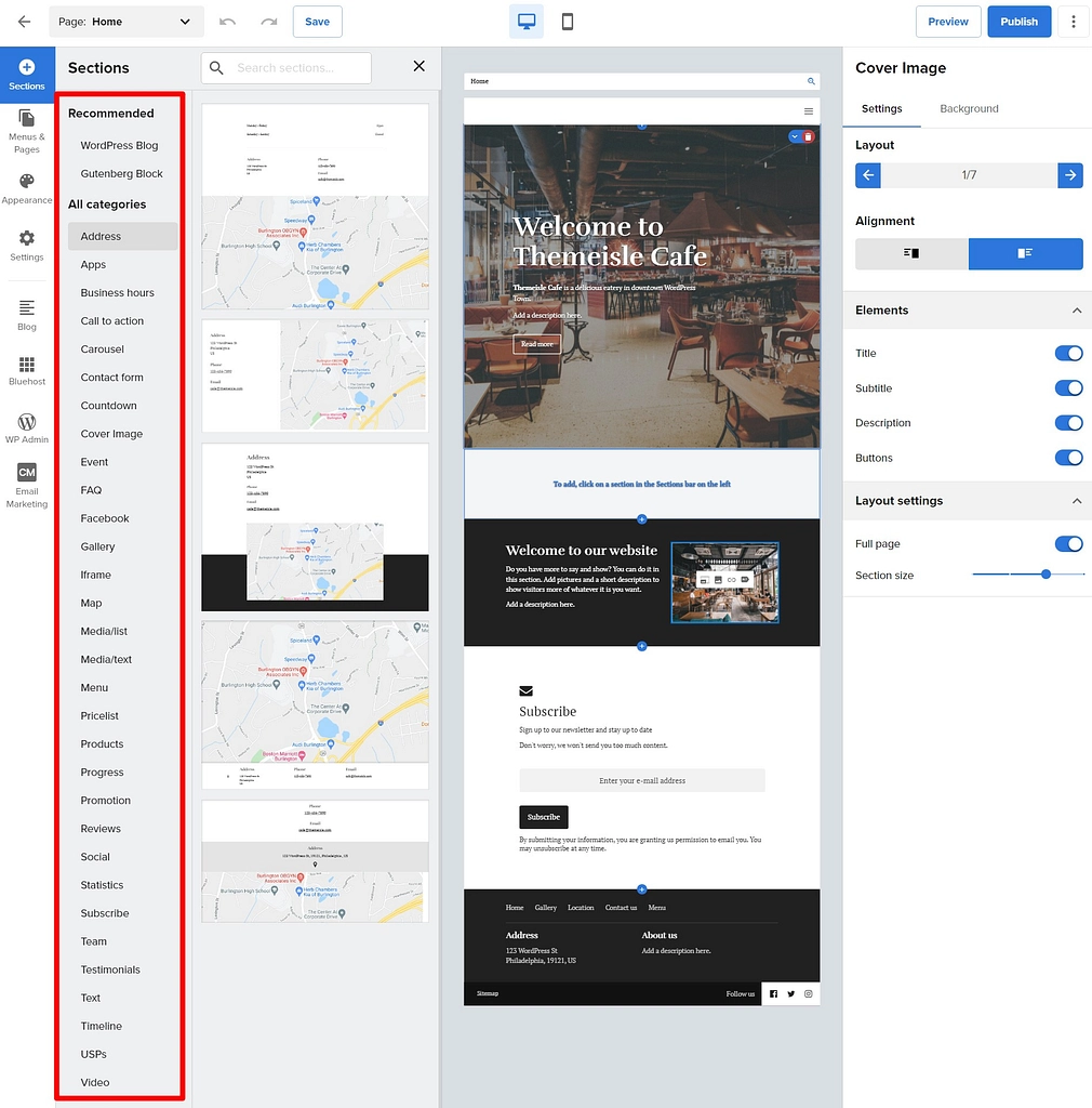 Ulasan Pembuat Situs Web Bluehost mengungkapkan jumlah bagian yang dapat dipilih