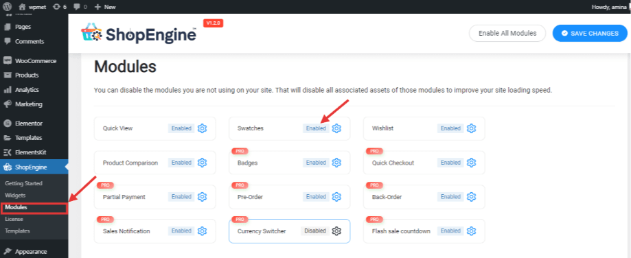 Habilite el módulo Muestras de ShopEngine para agregar productos variables de WooCommerce