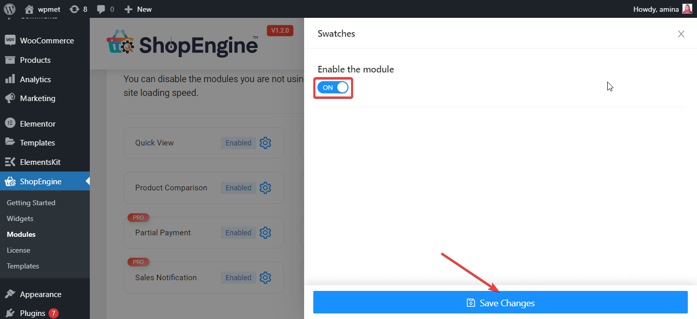 Habilite el módulo Muestras de ShopEngine para agregar variaciones