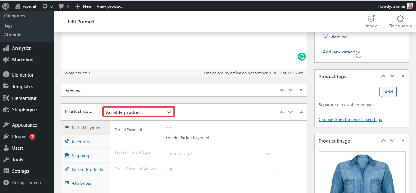 Elija el producto variable de WooCommerce para agregar variaciones con ShopEngine