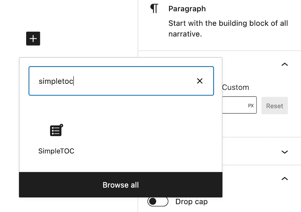 Menemukan Blok SimpleTOC dalam WordPress.