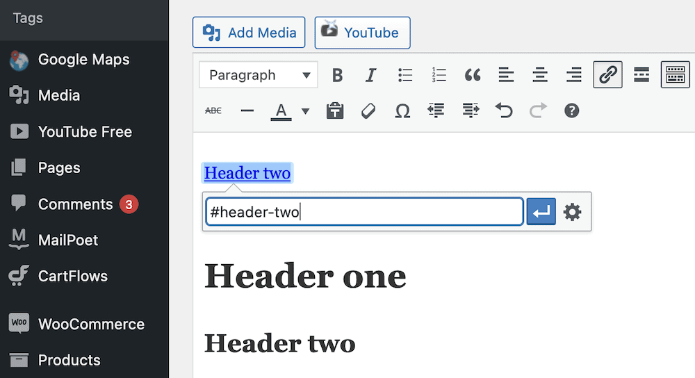 Menambahkan jangkar HTML ke teks dalam Editor Klasik.