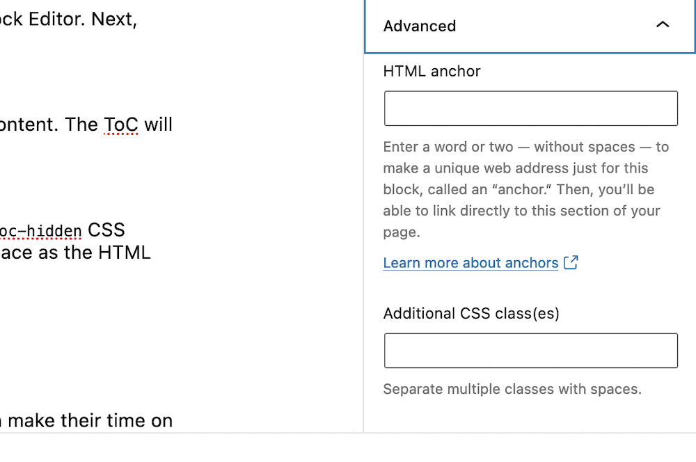 Bidang kelas CSS tambahan di dalam Editor Blok.