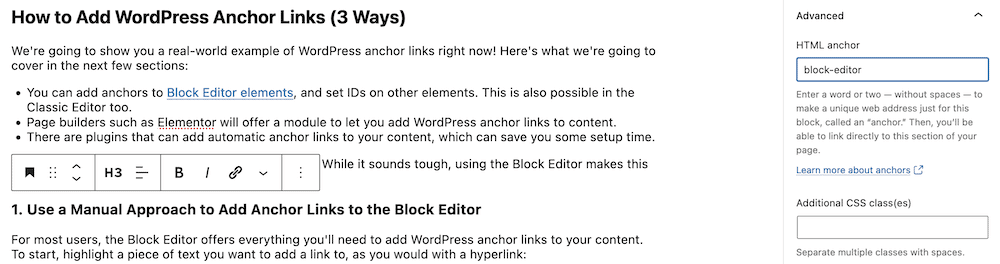Menambahkan ID ke bidang jangkar HTML di dalam Editor Blok.