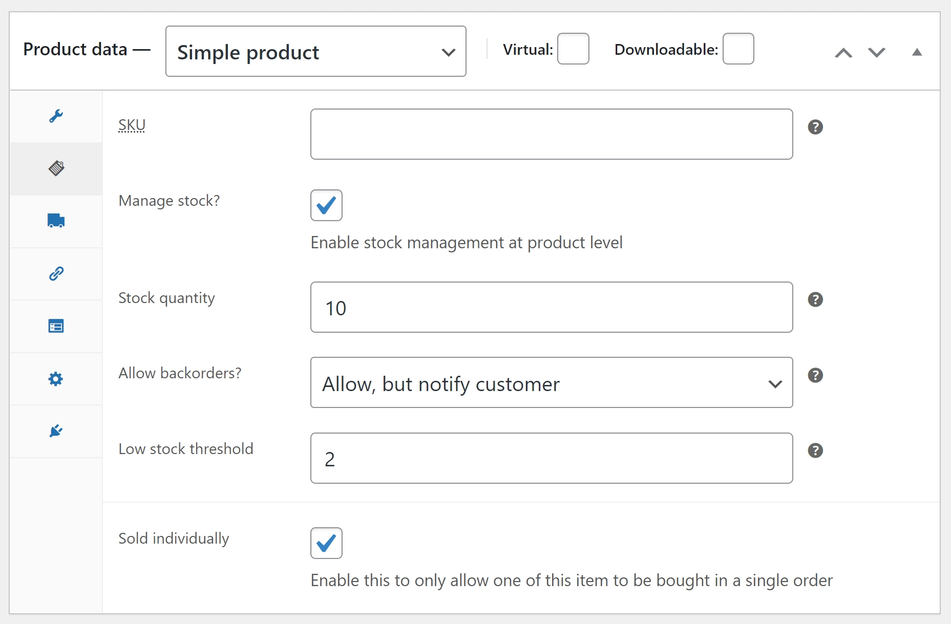 Un exemplu de gestionare a inventarului WooCommerce cu un singur produs finit, cu toate câmpurile completate.