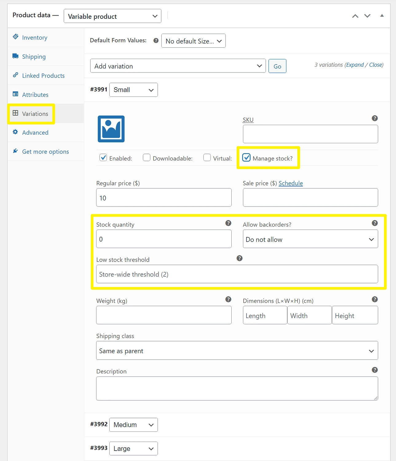 Gestionarea inventarului WooCommerce la nivel de variație