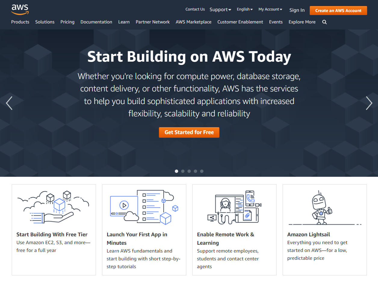Página inicial da Amazon AWS