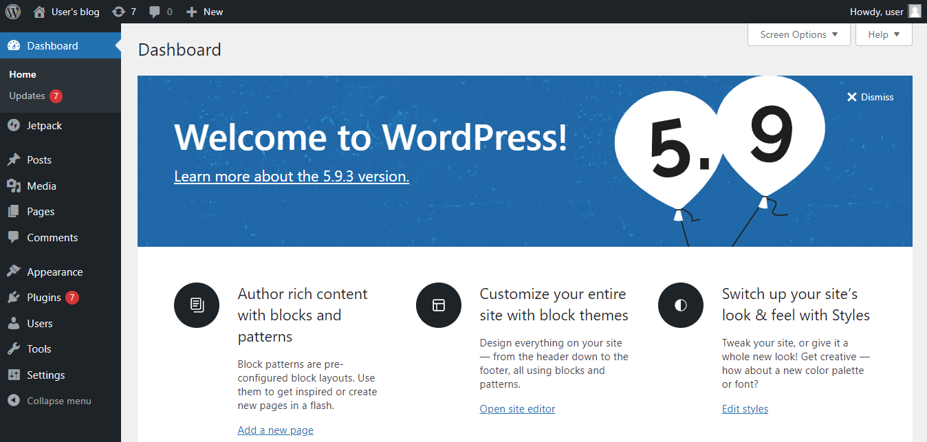 Le tableau de bord d'administration de WordPress