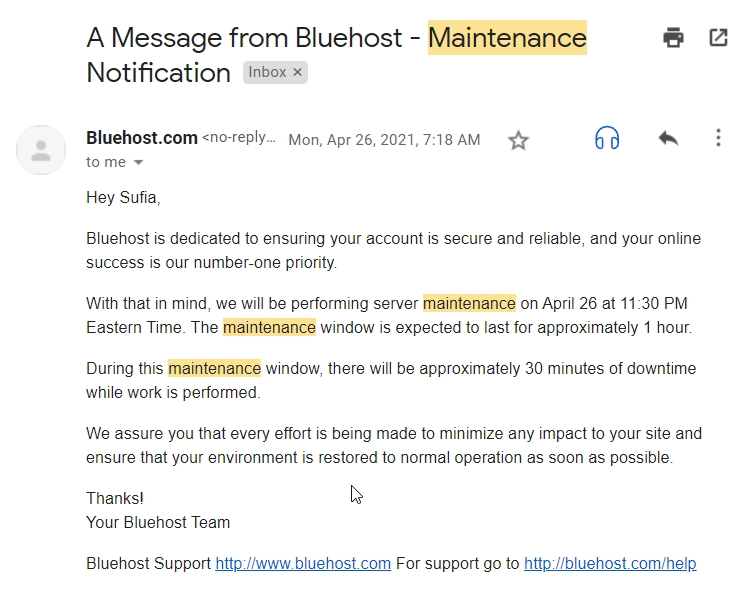 bluehost geplante Wartungs-E-Mail