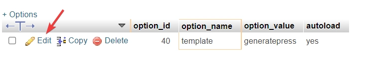 Bearbeiten des Optionswerts in phpmyadmin
