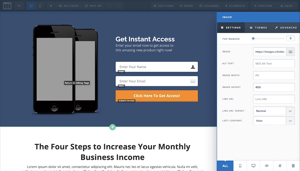 ClickFunnels 拖放編輯器。
