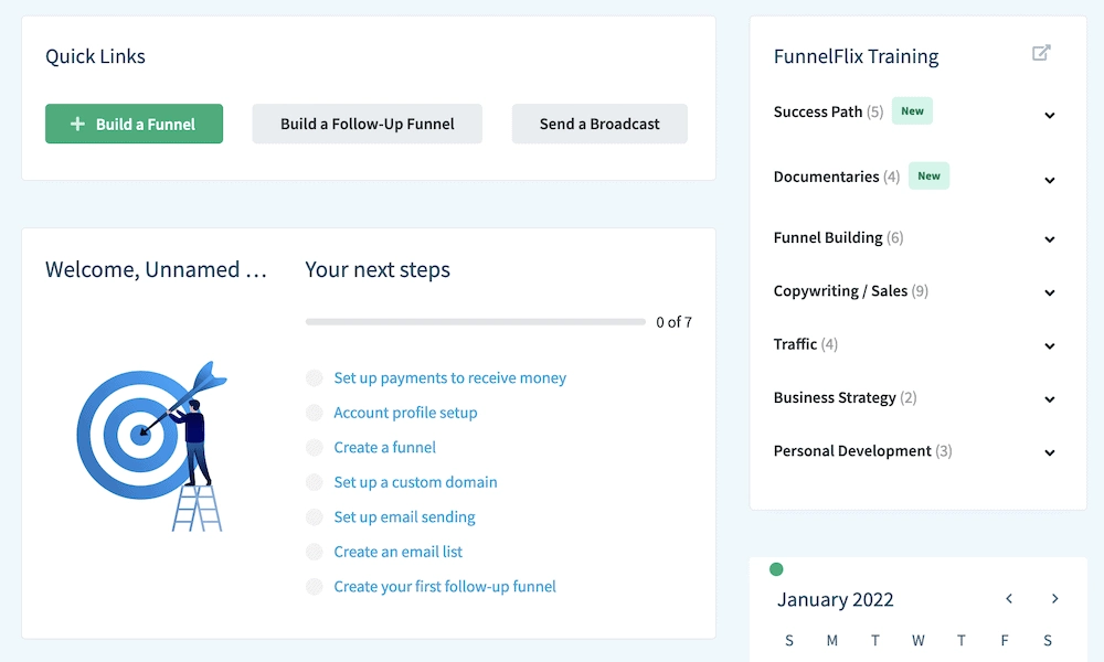 ClickFunnels 儀表板,顯示待辦事項列表。