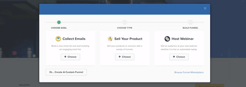 在 ClickFunnels 中選擇漏斗類型的選項。