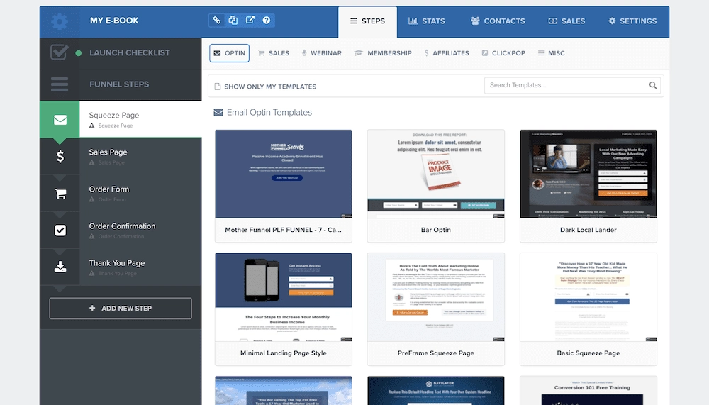 ClickFunnels 的模板列表。