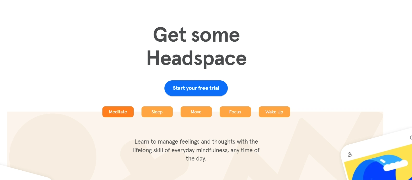 Headspace 主頁顯示了最有效的號召性用語示例之一。