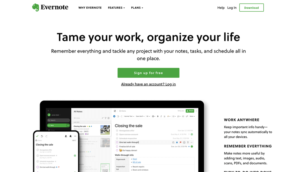Página inicial do Evernote
