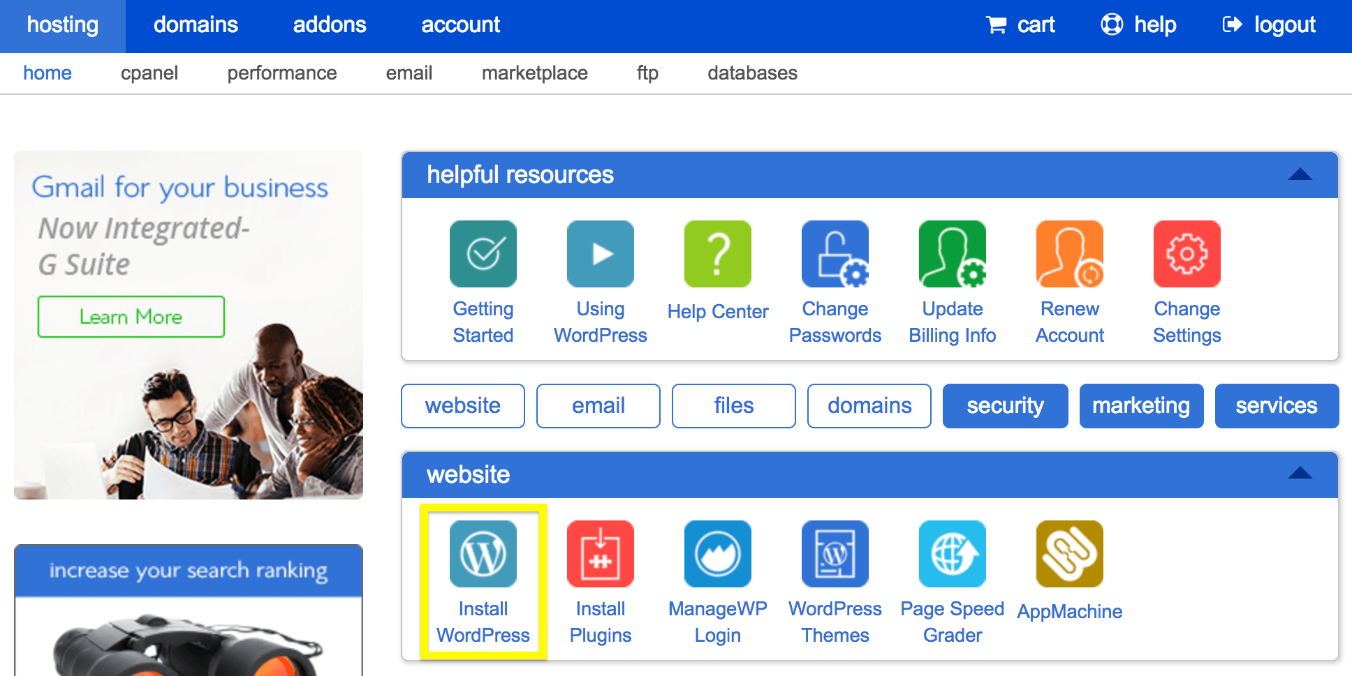 Tombol Instal WordPress di Bluehost.
