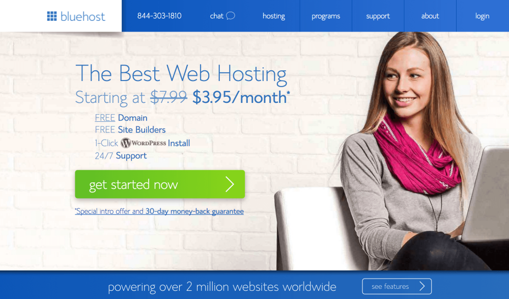 A página inicial do Bluehost.
