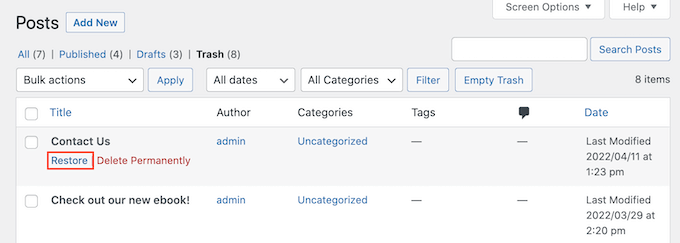 削除されたWordPressドラフトを復元する Restoring a deleted WordPress draft