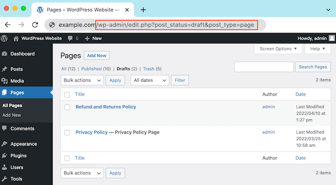 ドラフトされたWordPressページのURL The URL for your drafted WordPress pages