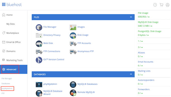 BluehostのPhpMyAdminツール Bluehost's PhpMyAdmin tool