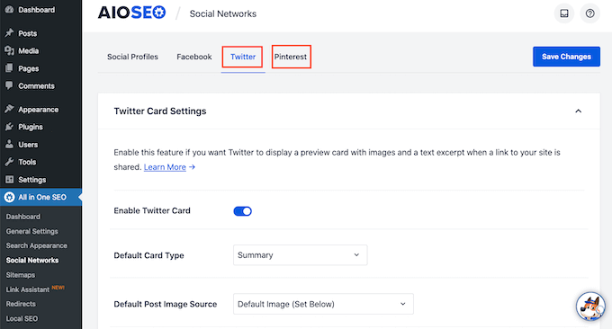 AIOSEO'nun Twitter ve Pinterest sekmeleri AIOSEO's Twitter and Pinterest tabs