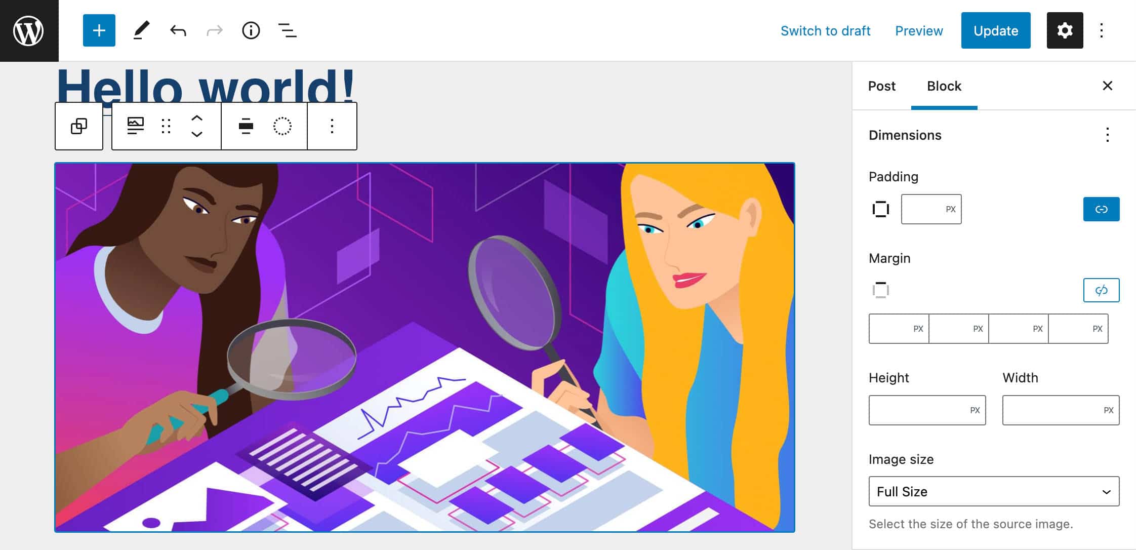 Controlando as dimensões da imagem em destaque em um bloco Query Loop.