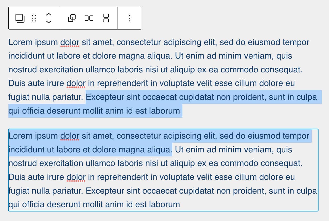 Uma captura de tela mostrando a seleção de texto em dois parágrafos.