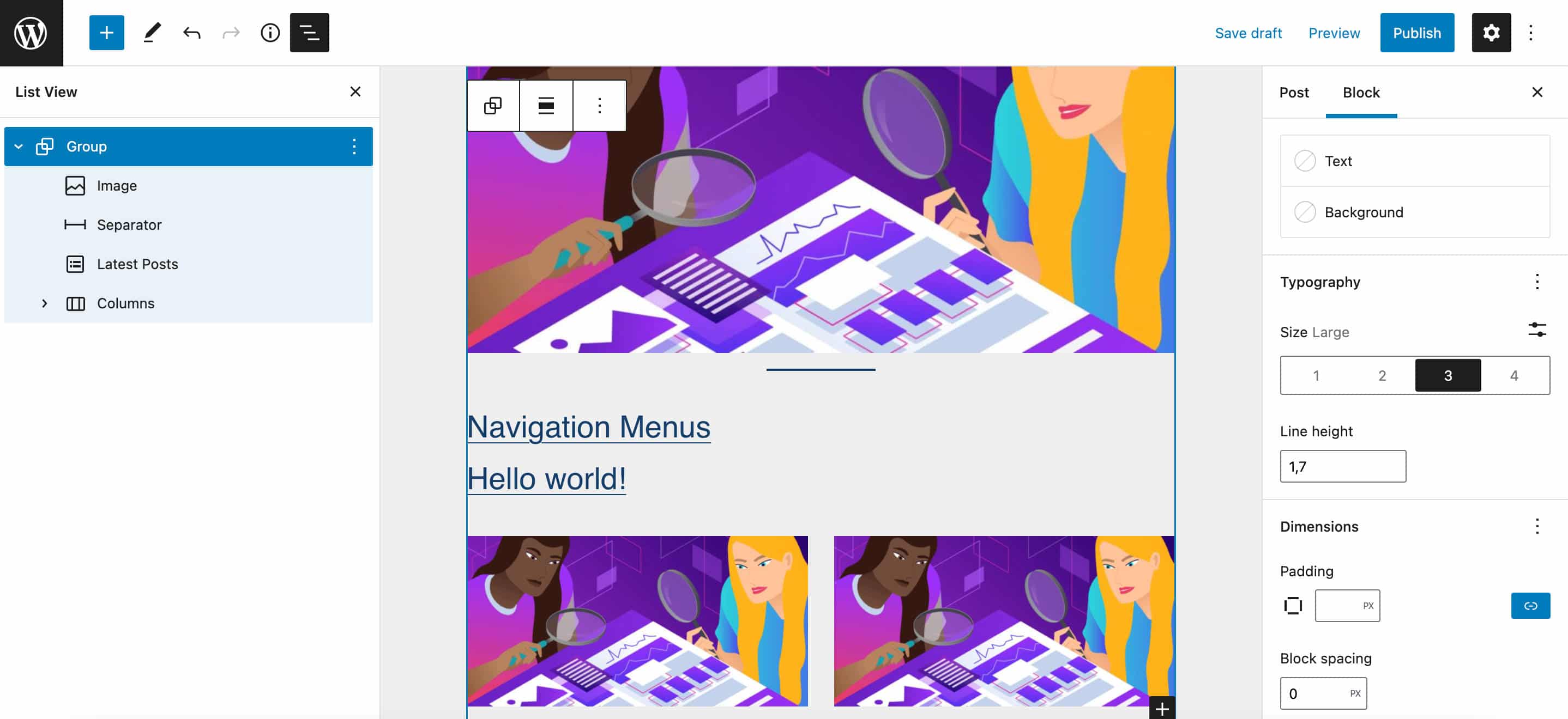 Configurações de tipografia para um bloco de grupo.