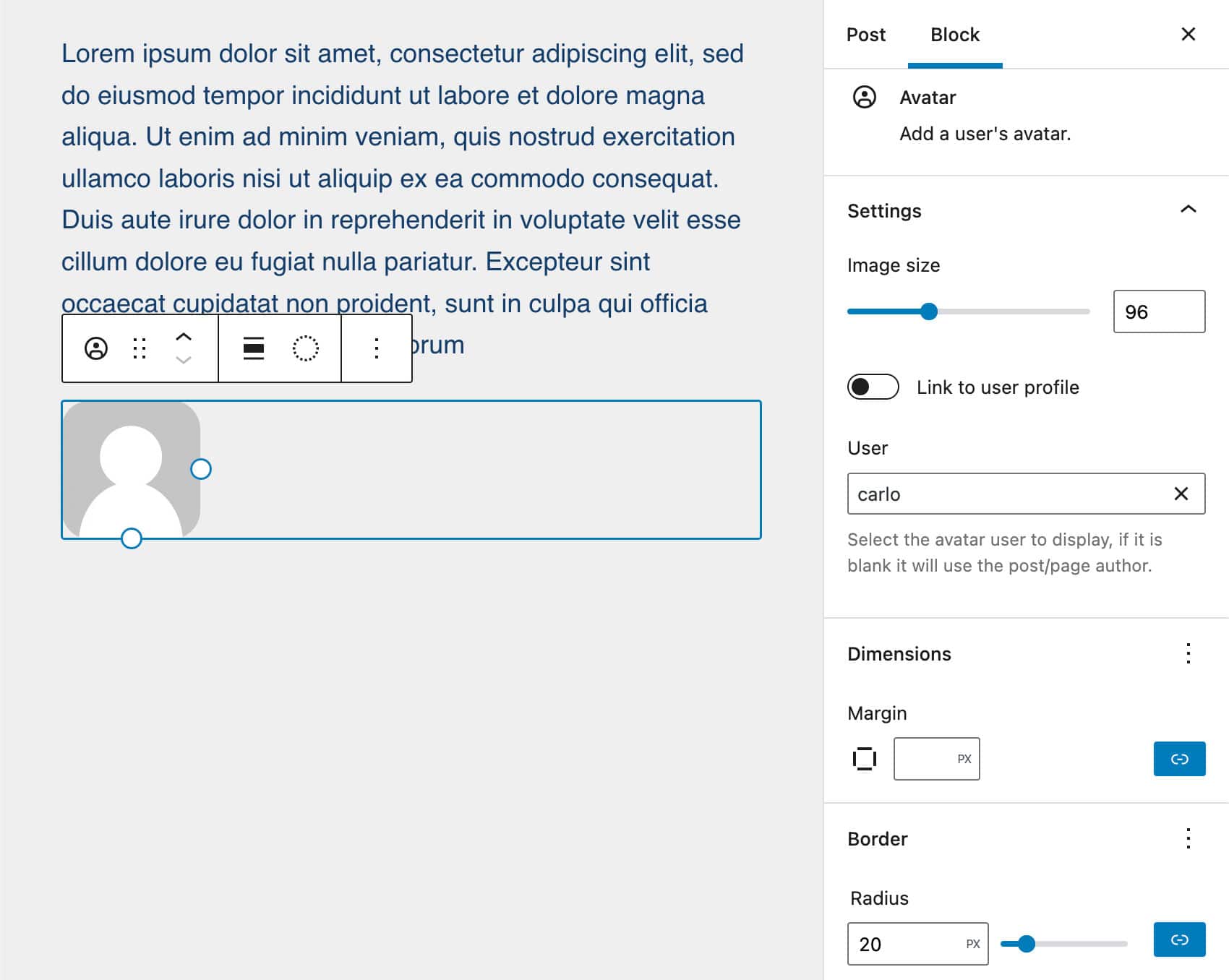 O bloco Avatar no WordPress 6.0.