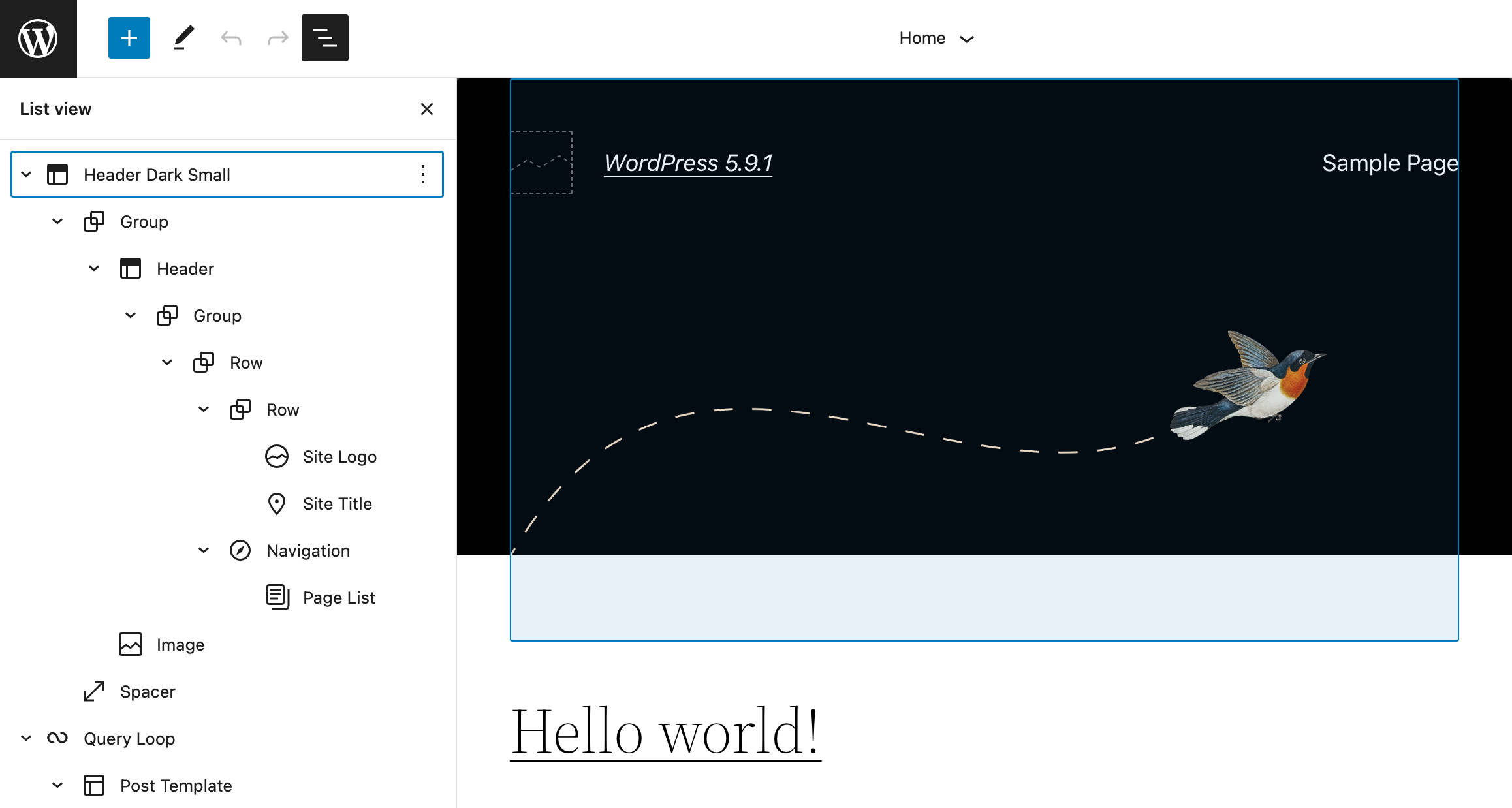 Visualização de lista padrão no WordPress 5.9.