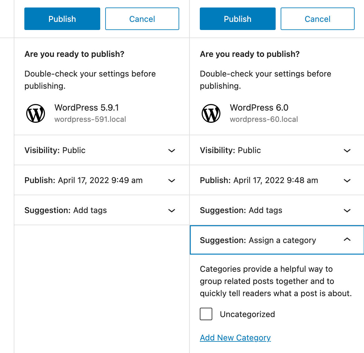 Painel Post Publish no WordPress 5.9 vs. 6.0.