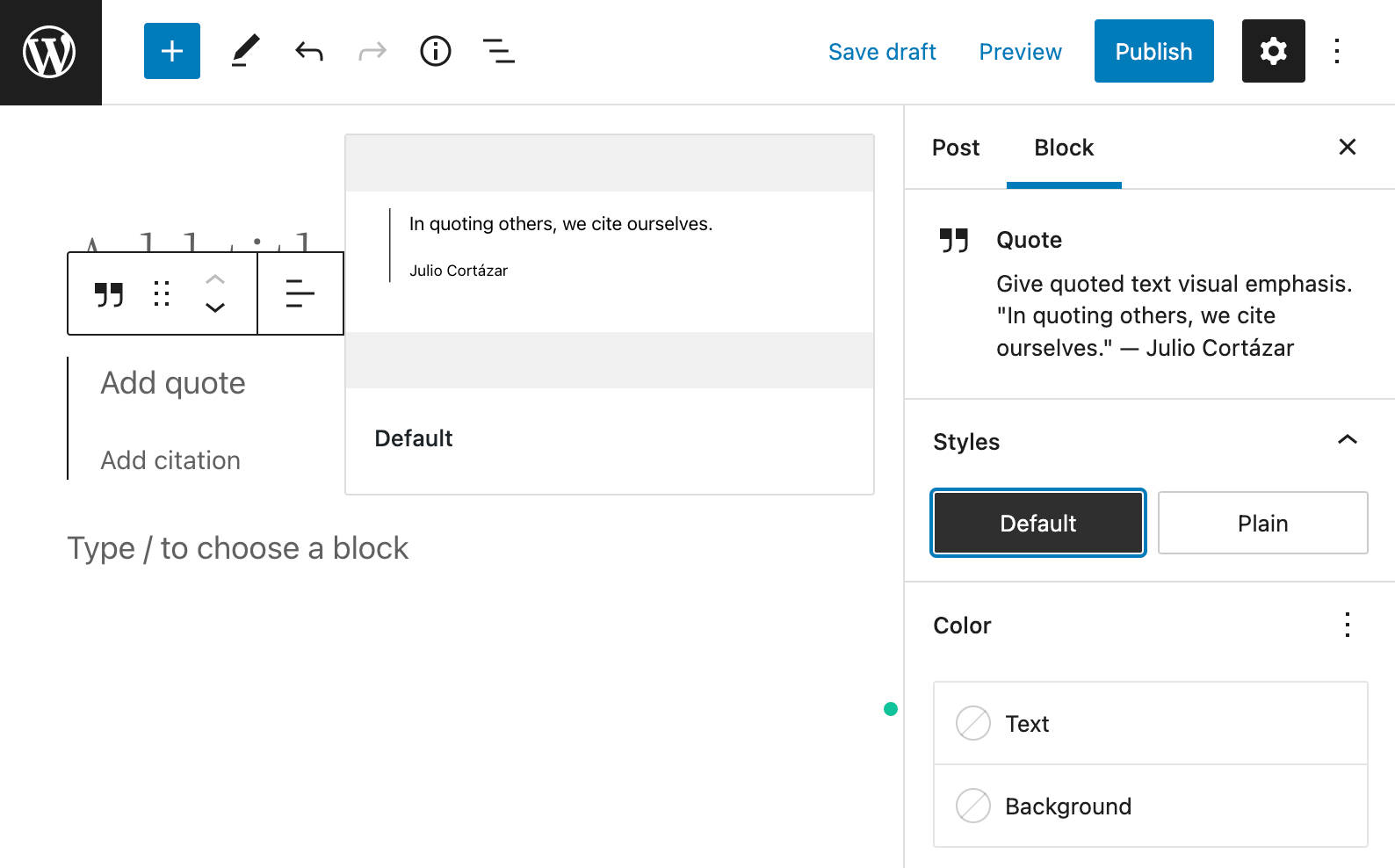 Visualização de estilo de bloco no WordPress 6.0.