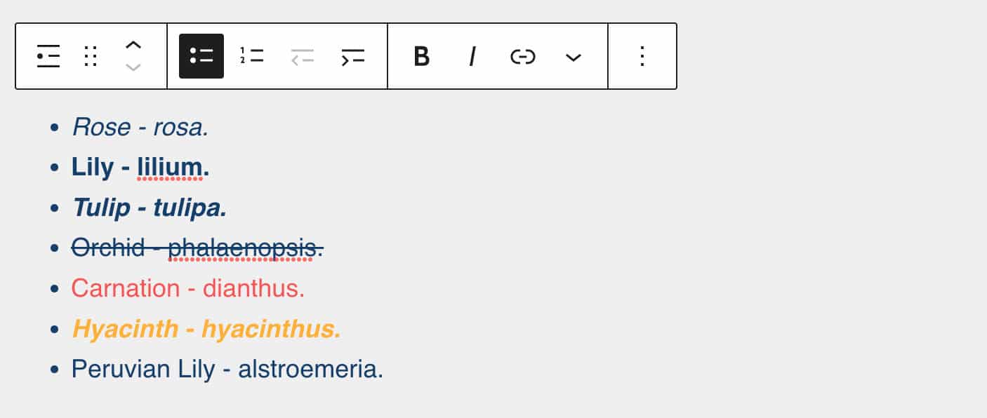 Uma captura de tela de um bloco de lista com diferentes estilos aplicados.