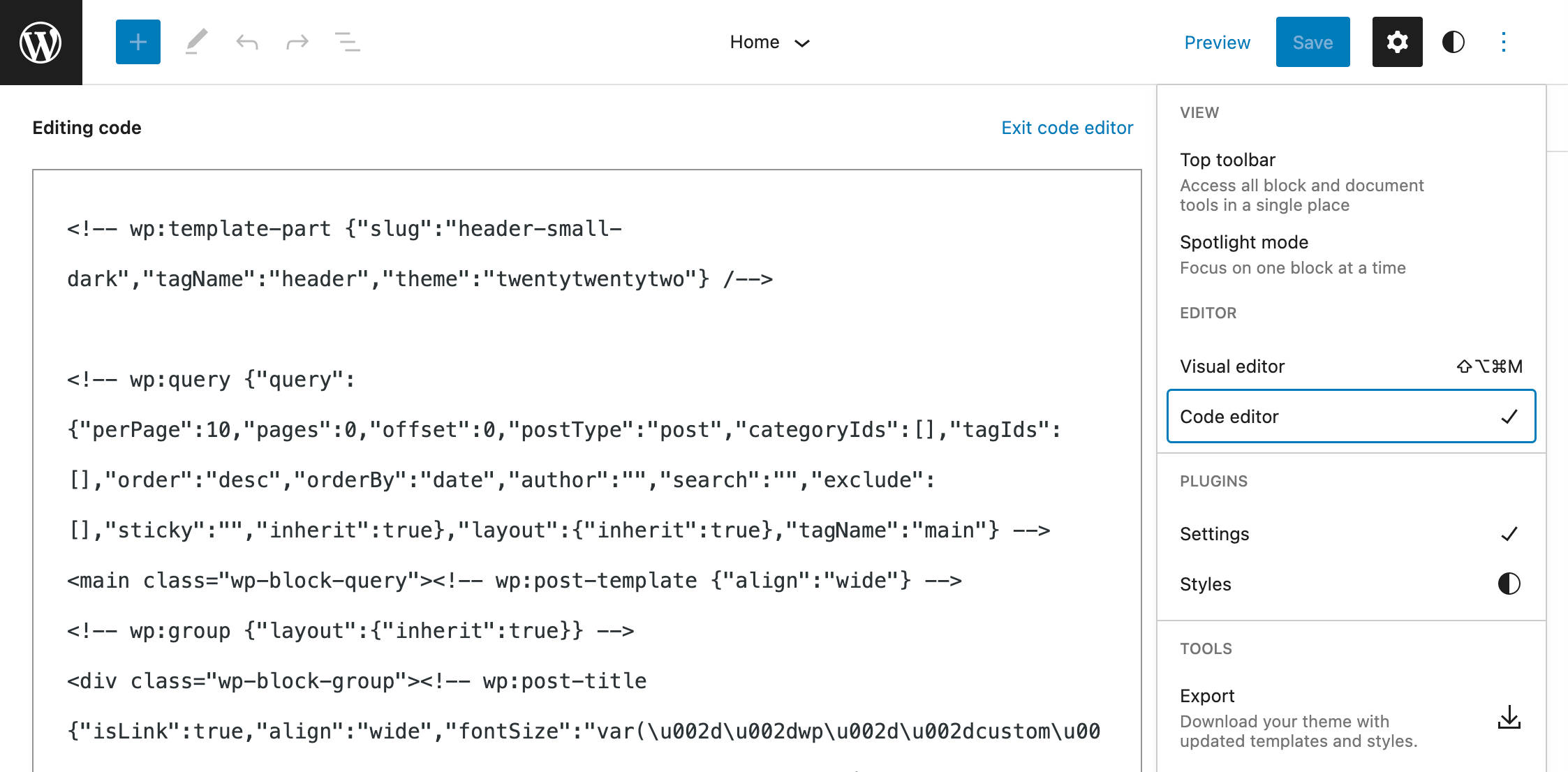O WordPress 6.0 adiciona o Editor de Código ao Editor do Site.