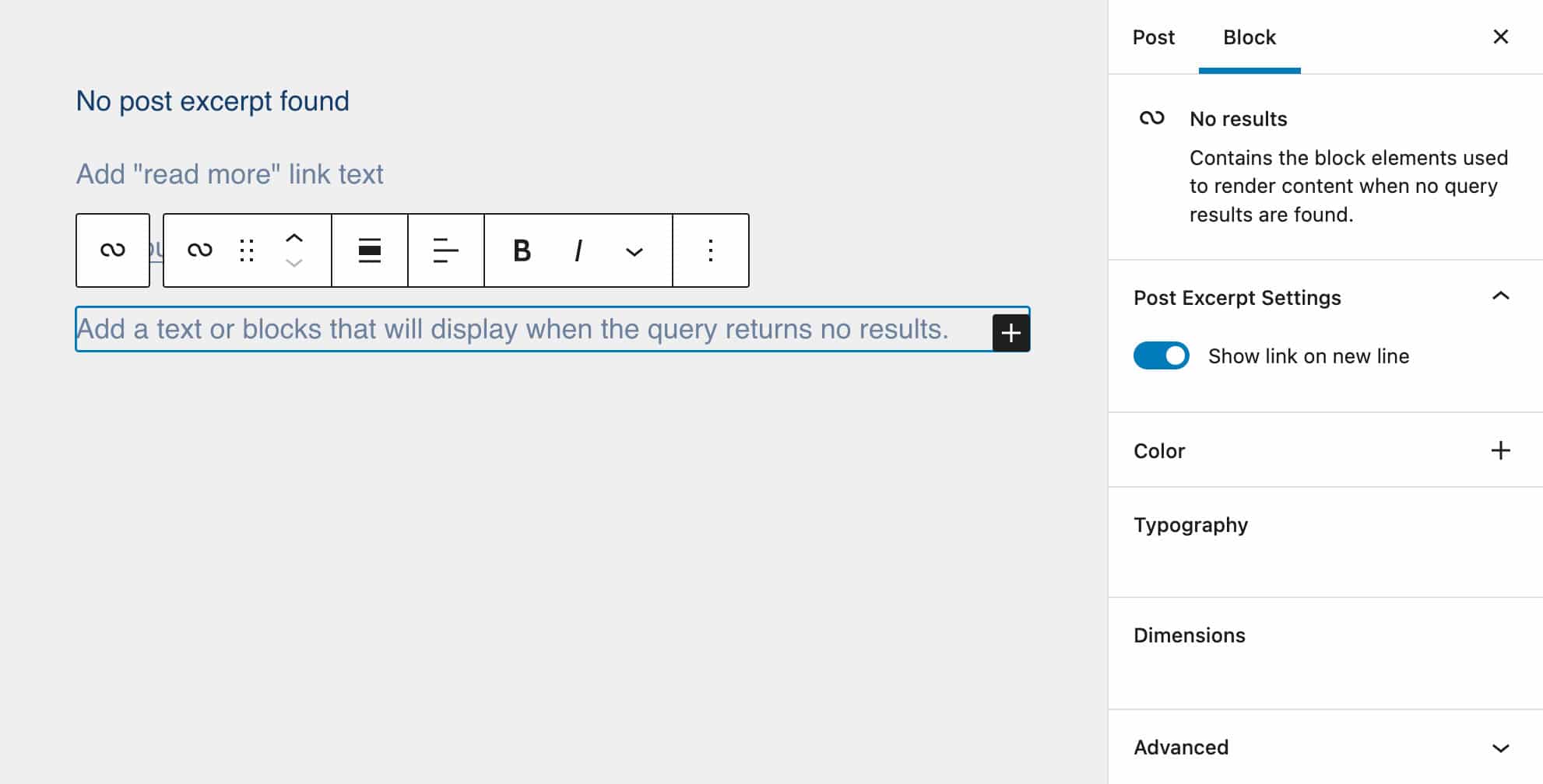 Adicionando o bloco No Result ao Query Loop.