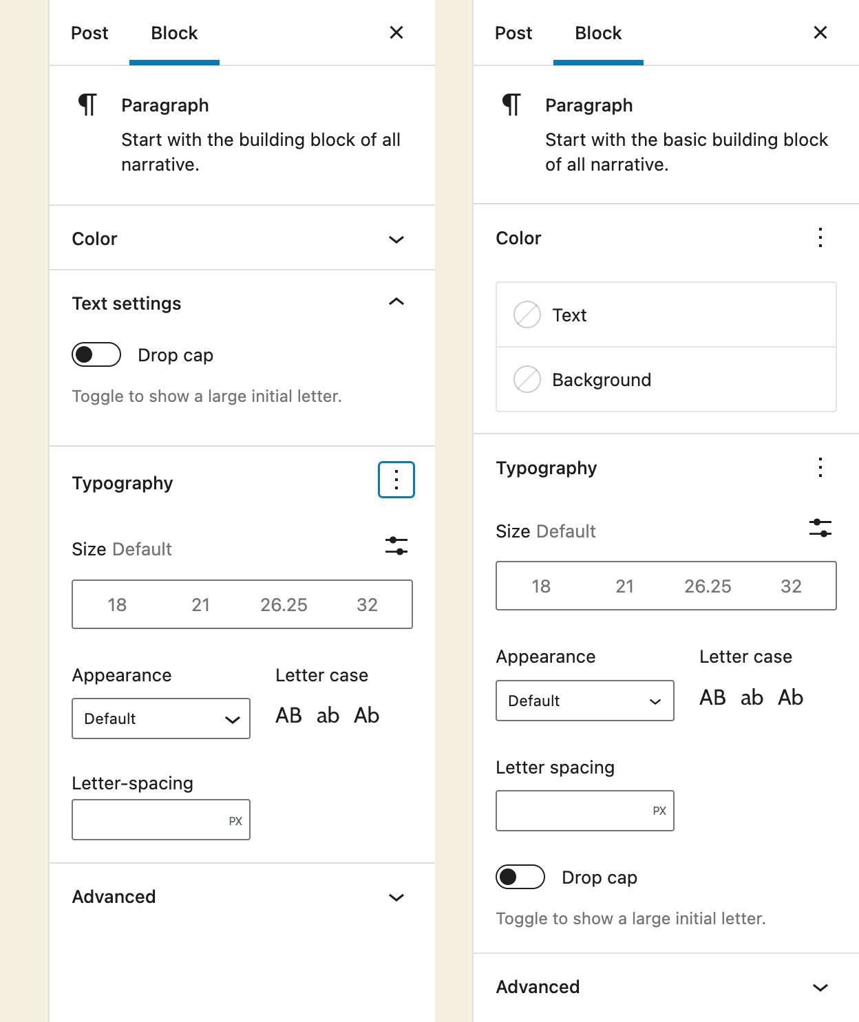 Uma imagem mostrando as configurações de tipografia no WordPress 5.9 vs. WordPress 6.0.