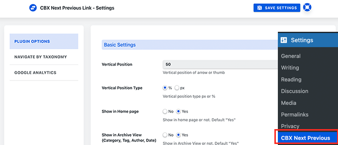 Paramètres du plug-in de lien suivant et précédent Next and previous link plugin settings