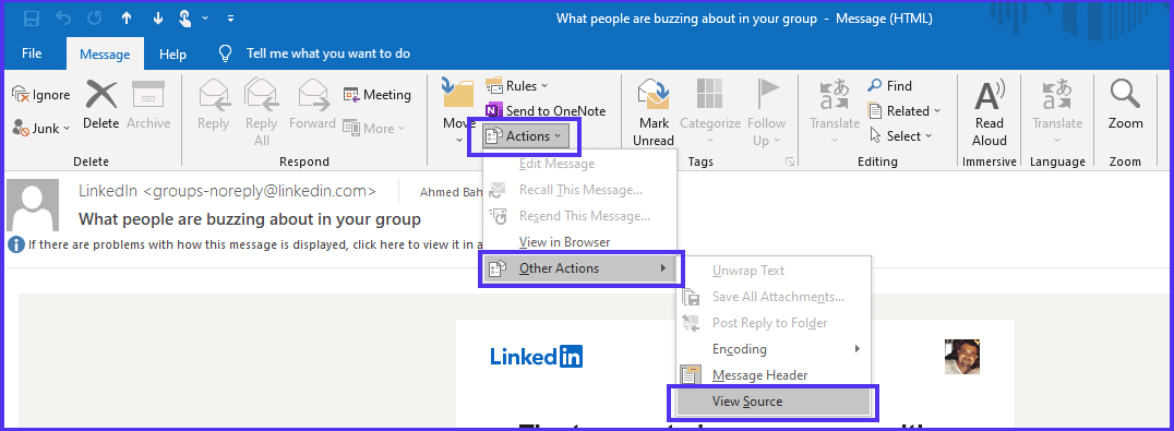 เมนู "การดำเนินการ" ของ Outlook ที่เลือกและขยายเพื่อแสดงตัวเลือก "การดำเนินการอื่นๆ" และ "ดูแหล่งที่มา"