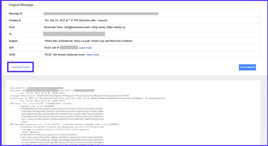 ส่วนหัวของอีเมลใน Gmail แสดงช่องโฟกัสรอบๆ ตัวเลือก "ดาวน์โหลดต้นฉบับ"
