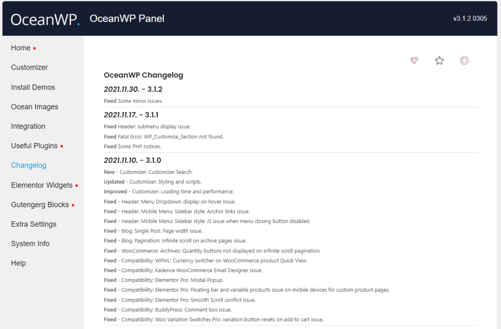 新的 OceanWP 面板功能预览，允许用户检查主题更新更改日志