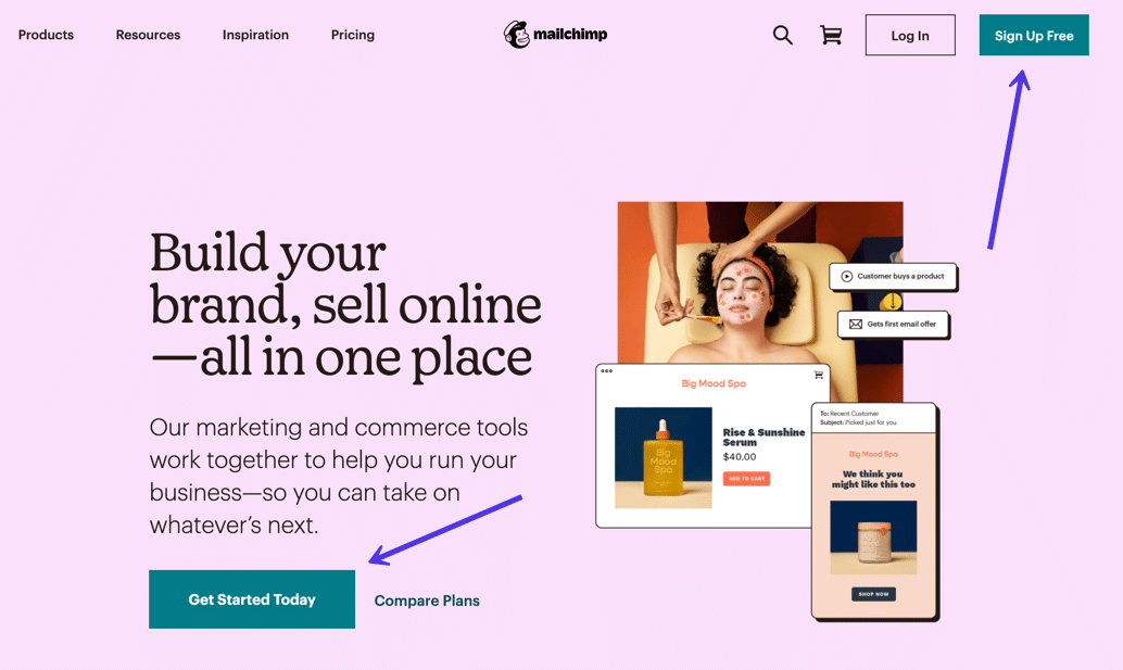 На главной странице Mailchimp нажмите одну из кнопок