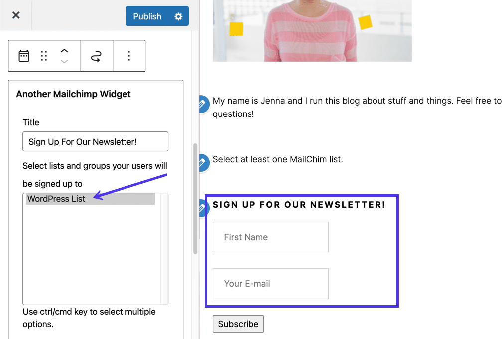 Выберите список Mailchimp для предварительного просмотра виджета формы.