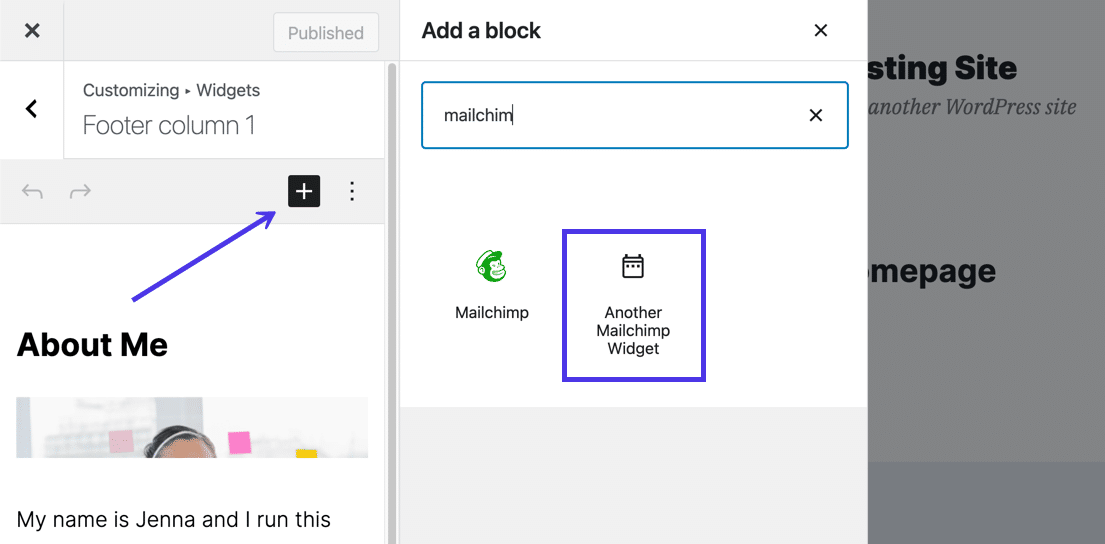 Добавьте «Другой виджет Mailchimp» в раздел «Виджеты» вашего настройщика WordPress.