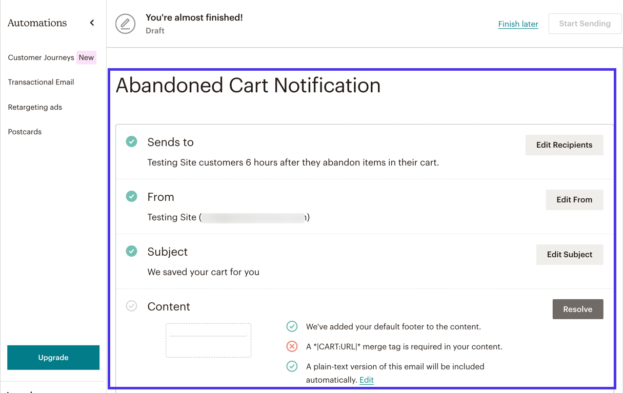 Все средства автоматизации WooCommerce через Mailchimp имеют схожие страницы настройки, на которых вы настраиваете такие элементы, как «Тема», «Получатели» и «Контент».