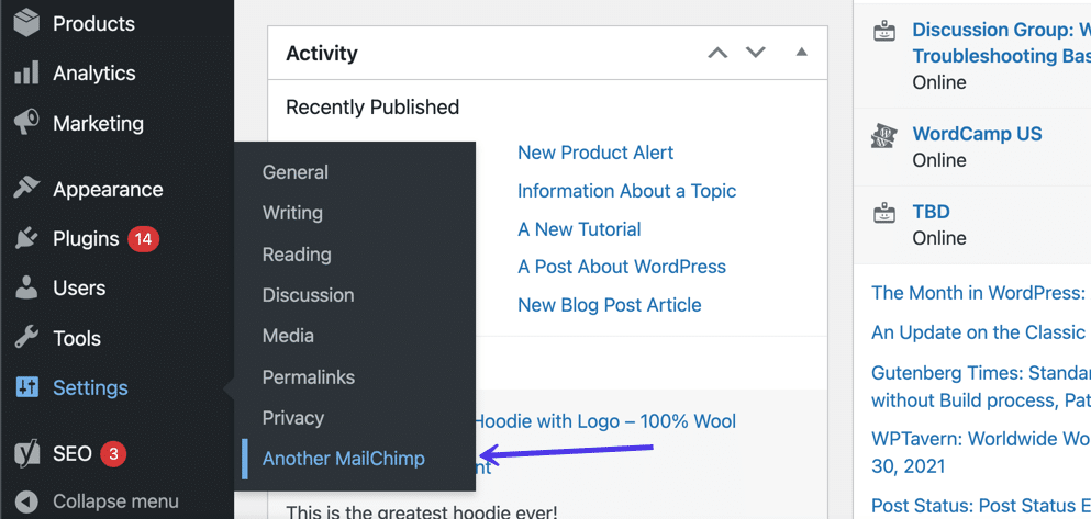 Найдите вкладку «Другой Mailchimp» в WordPress, чтобы управлять всеми настройками плагина.